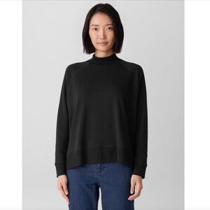 Eileen Fisher Cozy Brushed Terry Hug Mock Neck Black Top, Size Medium Minimalist